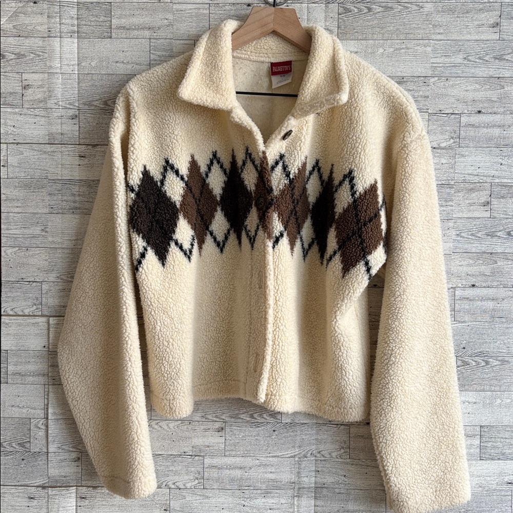 vintage Palmetto's Sherpa coat argyle fuzzy cropped‎ cream jacket large Made USA